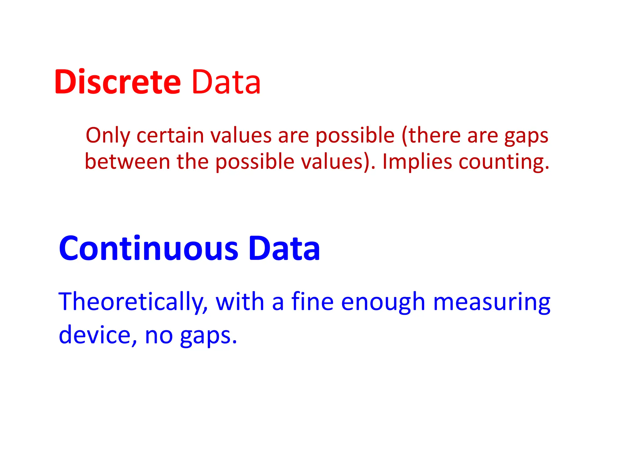 Discrete Data
Only certain values are possible (there are gaps
between the possible values). Implies counting.
Continuous Data
Theoretically, with a fine enough measuring
device, no gaps.
 