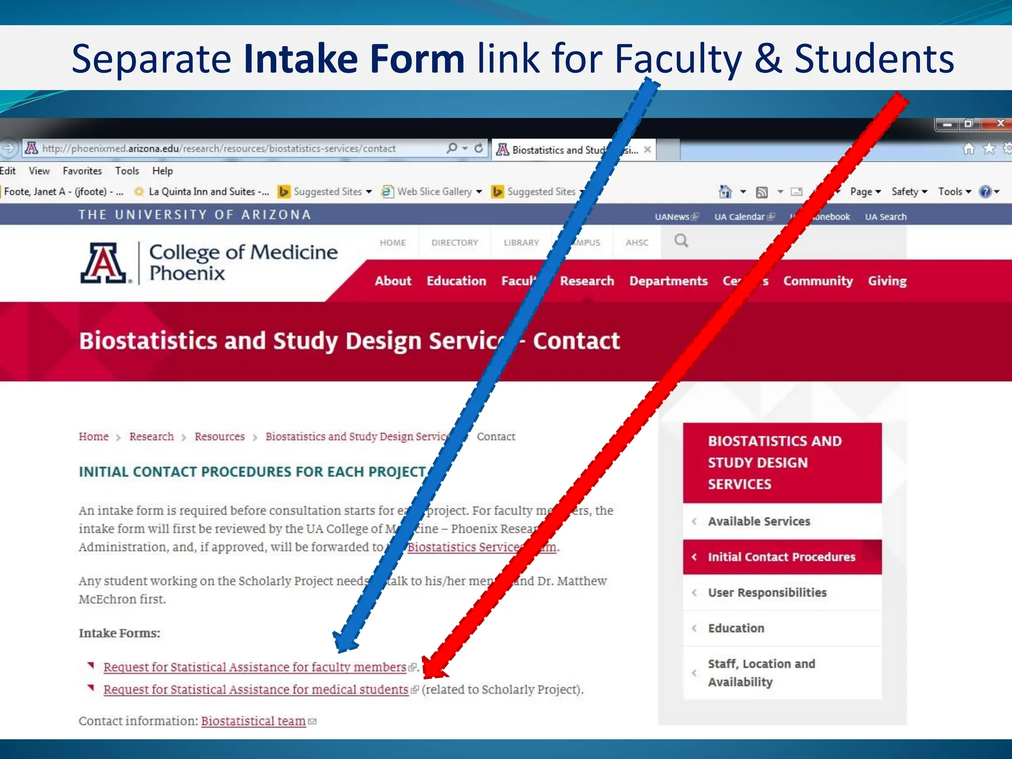 Separate Intake Form link for Faculty & Students
 