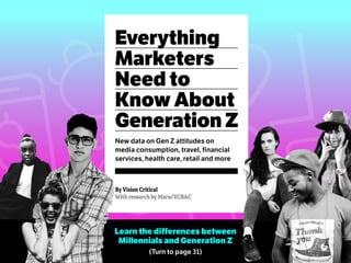 Everything
Marketers
Need to
Know About
Generation Z
New data on Gen Z attitudes on
media consumption, travel, financial
services, health care, retail and more
By Vision Critical
With research by Maru/VCR&C
Learn the differences between
Millennials and Generation Z
(Turn to page 31)
 