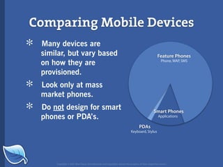 Comparing Mobile Devices
*   Many devices are
    similar, but vary based                                                                              Feature Phones
    on how they are                                                                                          Phone, WAP, SMS


    provisioned.

*   Look only at mass
    market phones.

*   Do not design for smart                                                                           Smart Phones
    phones or PDA’s.                                                                                      Applications

                                                                                        PDAs
                                                                                Keyboard, Stylus




        Copyright © 2007 Blue Flavor. All trademarks and copyrights remain the property of their respective owners.