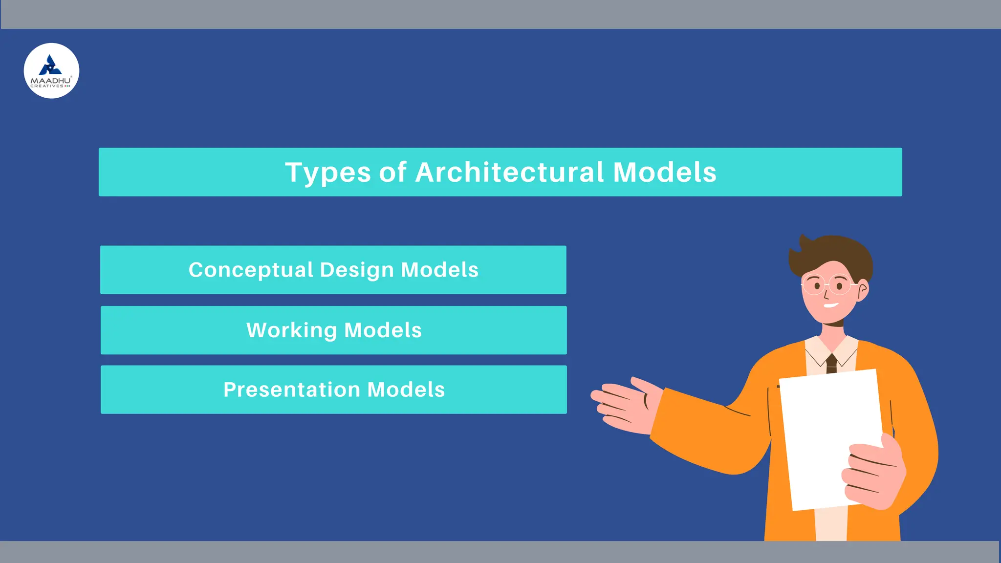 Conceptual Design Models
Working Models
Presentation Models
Types of Architectural Models
 