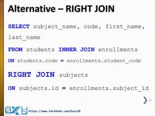 Alternative – RIGHT JOIN
SELECT subject_name, code, first_name,
last_name
FROM students INNER JOIN enrollments
ON students.code = enrollments.student_code
RIGHT JOIN subjects
ON subjects.id = enrollments.subject_id
34
https://www.facebook.com/Oxus20
 
