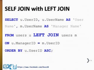 SELF JOIN with LEFT JOIN
SELECT u.UserID, u.UserName AS 'User
Name', m.UserName AS 'Manager Name'
FROM users u LEFT JOIN users m
ON u.ManagerID = m.UserID
ORDER BY u.UserID ASC;
50
https://www.facebook.com/Oxus20
 