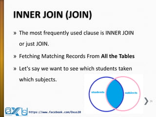 INNER JOIN (JOIN) 
»The most frequently used clause is INNER JOIN or just JOIN. 
»Fetching Matching Records From All the Tables 
»Let's say we want to see which students taken which subjects. 
20 
https://www.facebook.com/Oxus20  