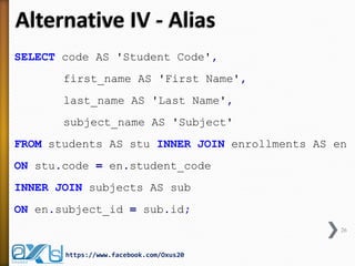 Alternative IV - Alias 
SELECT code AS 'Student Code', 
first_name AS 'First Name', 
last_name AS 'Last Name', 
subject_name AS 'Subject' 
FROM students AS stu INNER JOIN enrollments AS en 
ON stu.code = en.student_code 
INNER JOIN subjects AS sub 
ON en.subject_id = sub.id; 
26 
https://www.facebook.com/Oxus20  