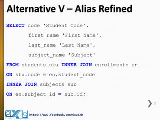 Alternative V – Alias Refined 
SELECT code 'Student Code', 
first_name 'First Name', 
last_name 'Last Name', 
subject_name 'Subject' 
FROM students stu INNER JOIN enrollments en 
ON stu.code = en.student_code 
INNER JOIN subjects sub 
ON en.subject_id = sub.id; 
27 
https://www.facebook.com/Oxus20  