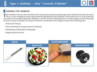 6 Type 1 diabetes - alias “Juvenile Diabetes” 
Type 1 Diabetes is the one where the beta cells in the pancreas stop producing enough insulin needed by the body, the reason 
why it is to be managed by insulin replacement through lifelong insulin injections. At the same time, it is to be noted that 
only insulin is not enough to keep Type 1 Diabetes in control. The basic underlying factor is to keep the glucose level in the blood 
as close to normal as possible. One needs to maintain a combination of few things to do the same and they go like: 
» Daily Insulin Therapy 
» Close monitoring of the glucose level in the blood 
» Maintaining a healthy diet by eating right 
» Regular physical exercise 
INSULIN 
HEALTHY DIET 
GLUCOSE MONITORING 
REGULAR EXERCISE 
Control TYPE 1 DIABETES 
 