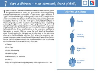 7 Type 2 diabetes - most commonly found globally 
Type 2 Diabetes is the most common diabetes found across the globe. 
It is generally found in adults, but gradually it is increasingly being 
noticed in children and adolescents as well. Unlike Type 1 Diabetes, in 
Type 2 Diabetes the body is able to produce insulin but complications 
arise when either the body is ineffective to produce enough insulin 
needed by the body or else the body grows immune to the effects of 
the insulin produced. This situation where the body stops responding 
to the effects of the insulin is known as “Insulin Resistance”. As a result 
the glucose level in the blood rises up. In most of the cases individuals 
fail to identify the illness for a long time as the symptoms are likely to 
take years to appear. All these years, the body slowly and gradually 
goes through extensive damage and erosion due to the excessive 
glucose in the blood being piled up. Only when the symptoms start 
appearing does one get himself/herself diagnosed. Several risk factors 
can be mentioned even though the exact reasons for the occurrence 
of this disease still remains a mystery. They are: 
» Obesity 
» Poor Diet 
» Physical Inactivity 
» Advancing Age 
» Family History of Diabetes 
» Ethnicity 
» High blood glucose during pregnancy affecting the unborn child 
SYMPtoms of diabetes 
Frequent 
Urination 
Weight 
Loss 
Lack of 
Energy 
Excessive 
Thirst 
Obesity 
Physical 
Inactivity 
Advancing 
Age 
Excessive 
Thirst 
 