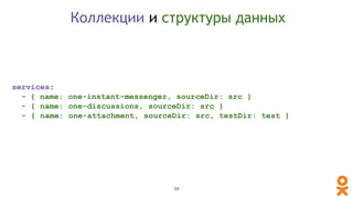 services:
- { name: one-instant-messenger, sourceDir: src }
- { name: one-discussions, sourceDir: src }
- { name: one-attachment, sourceDir: src, testDir: test }
Коллекции и структуры данных
34
 