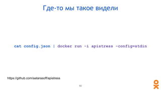 cat config.json | docker run -i apistress -config=stdin
82
Где-то мы такое видели
https://github.com/aatarasoff/apistress
 