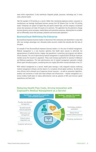 areas within organizations. It also seamlessly integrates people, processes, technology and, in some
cases, physical assets.
Take the example of 3-D printing as a service. Rather than maintaining expensive printers, consumers or
manufacturers can leverage cloud-based business services from 3D Systems Corp. for their 3-D printing
needs.3 Enterprises can upload 3-D digital files and specify material type, and the company's on-demand
service then processes and ships 3-D assets to its customers. This application has the potential to change
business dynamics across aerospace, medical device and automotive enterprises, allowing them to run better
and run different(ly), across their prototype, production and service parts operations.4

BusinessCloud: Rethinking the Enterprise
BusinessCloud empowers business leaders to deconstruct their enterprises and rebuild them in ways that
offer new strategic advantages and, ultimately, better economic models that radically alter the rules of
the game.
An example of how BusinessCloud empowers business leaders is in the area of medical management.
Medical management is a core business operation that health plans execute to administer the
appropriateness of medical services, engage risky populations in preventive care programs and address
chronic diseases. The cost of administering medical management is roughly $2.00 to $3.00 per month per
member across the insured U.S. population. These costs increase significantly for severely ill, Medicare
and Medicaid populations. The total administrative cost of medical management represents multiple
billions spent annually by payers, considering there are roughly 250 million insured individuals in the U.S.
With medical management as a service, health plans leverage a fully integrated solution combining
medical management software and the talents of a virtualized clinical global workforce. By delivering
more efficient and on-demand use of expensive clinical resources – as well as automation algorithms,
analytics and economies of scale with cloud software and infrastructure – medical management as a
service enables health plans to reduce administration costs by upwards of 45% and minimize capital
expenditures and fixed costs.

Reducing Health Plan Costs, Driving Innovation with
Cognizant's Medical Management as a Service
“Run Different,” impacting 85% of health plan
costs and medical expenses

“Run Better,” impacting 15% of health
plan and admin costs

85%

Provider-led utilization
management

Technology, analytics
automation

Bundled episode
medical payments
Differential care
management

Nurses

Patient-centric
integrated care
Customer self-service

Innovative

CareSERV Care CoE

15%

Global clinical
workforce/best practices
IT hosting, maintenance

Software

FIGURE 2

https://connections.cognizant.com/

COGNIZANTi

5

 