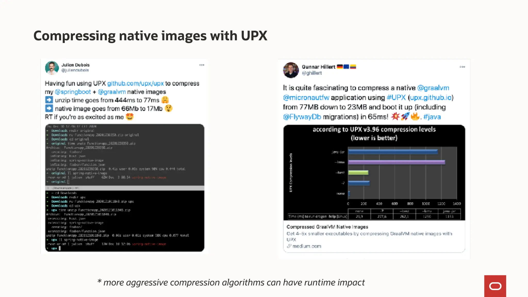 Compressing native images with UPX
* more aggressive compression algorithms can have runtime impact
 