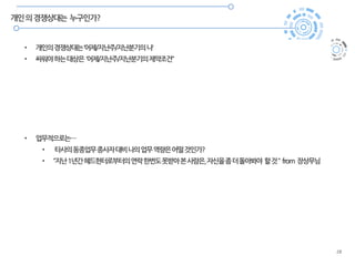 28
개인의경쟁상대는 누구인가?
• 개인의경쟁상대는‘어제/지난주/지난분기의나‘
• 싸워야하는대상은 ‘어제/지난주/지난분기의제약조건“
• 업무적으로는…
• 타사의동종업무종사자대비나의업무역량은어떨것인가?
• “지난1년간헤드헌터로부터의연락한번도못받아본사람은,자신을좀더돌아봐야 할것“ from 장상무님
 