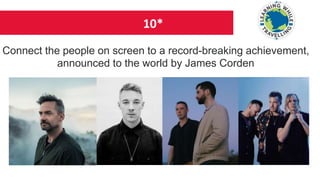 10*
Connect the people on screen to a record-breaking achievement,
announced to the world by James Corden
 