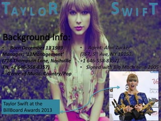 • Born December 13 1989
Manager: ‘13Management’
(718 Thompson Lane, Nashville
TN, +1 646-558-8357)
• Genre of Music: Country/Pop
Taylor Swift at the
BillBoard Awards 2013
 