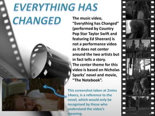 The music video,
“Everything has Changed”
(performed by Country
Pop Star Taylor Swift and
featuring Ed Sheeran) is
not a performance video
as it does not center
around the two artists but
in fact tells a story.
The center theme for this
video is based on Nicholas
Sparks’ novel and movie,
“The Notebook”.
This screenshot taken at 2mins
14secs, is a reference to the
novel, which would only be
recognised by those who
understand the video’s
meaning.
 