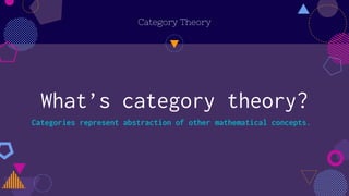 What’s category theory?
Category Theory
Categories represent abstraction of other mathematical concepts.
 