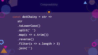 Composability
const dotChainy = str =>
str
.toLowerCase()
.split(' ')
.map(c => c.trim())
.reverse()
.filter(x => x.length > 3)
.join('')
 