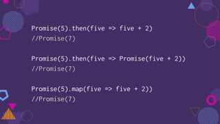 Promise(5).then(five => five + 2)
//Promise(7)
Promise(5).then(five => Promise(five + 2))
//Promise(7)
Promise(5).map(five => five + 2))
//Promise(7)
 