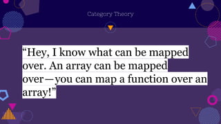 Category Theory
Composition
[1,2,3].map(x => f(g(x)))
=
[1,2,3].map(g).map(f)
 