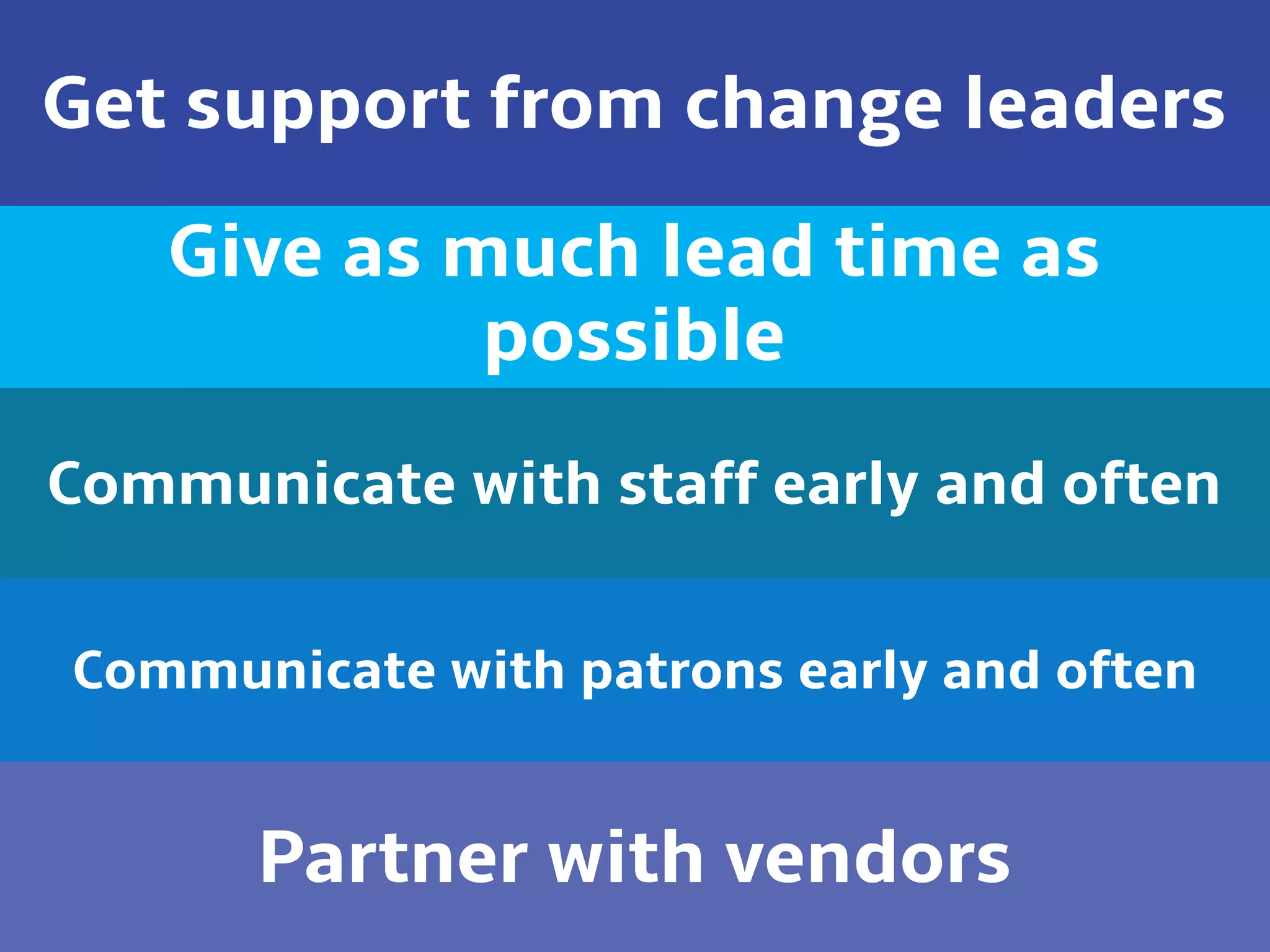 Get support from change leaders
Partner with vendors
Communicate with patrons early and often
Communicate with staff early and often
Give as much lead time as
possible
 