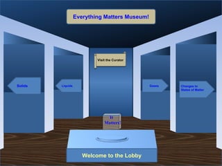 Museum Entrance Welcome to the Lobby Solids Liquids Gases Everything Matters Museum! Visit the Curator Changes to  States of Matter It  Matters! 