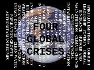 spiritualemptinesscorrupt
leadershippovertydisease
ignorancehungerand
malnutritionclimatechange
conflictsFinancial
InstabilityWater/Sanitation
subsidies/tradebarriers
population/migration
communicablediseases
education
governance/corruption
hungereducationgender
inequalitychildmortality
maternalhealth
environmentalsustainability
ethnicconflictsterrorism
weaponsofmassdestruction
organizedcrimenetworks
energydemandscleanwater
populationgrowth
authoritarianregimes
FOUR
GLOBAL
CRISES
 