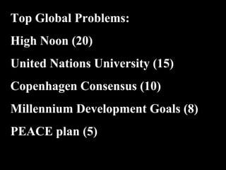 Conventional View Emerging View
The Human
Situation: What
is the story that
we find
ourselves in?
God created the world as perfect,
but because our primal
ancestors, Adam and Eve, did
not maintain the absolute
perfection demanded by God,
God has irrevocably determined
that the entire universe and all it
contains will be destroyed, and
the souls of all human beings –
except for those specifically
exempted – will be forever
punished for their imperfection
in hell.1
God created the world as good, but
human beings – as individuals, and as
groups – have rebelled against God and
filled the world with evil and injustice
like a terrible disease. God wants to save
humanity and heal it from its sickness,
but humanity is hopelessly lost and
confused, like sheep without a shepherd,
wandering farther and farther into
lostness and danger. Left to themselves,
human beings will spiral downward in
sickness and evil.
Basic
Questions: What
questions did
Jesus come to
answer?
Since everyone is doomed to
hell, Jesus seeks to answer these
questions: how can individuals
be saved from eternal
punishment in hell and instead
go to heaven after they die? How
can God help individuals be
happy and successful until then?
Since the human race is in such desperate
trouble, Jesus seeks to answer this
question: what must be done about the
mess we’re in? The mess refers both to
the general human condition and its
specific outworking among his
contemporaries: living under domination
by the Roman empire, and divided into
various competing sects.
Jesus’ message:
How did Jesus
respond to the
crisis?
Jesus says, in essence, “If you
want to be among those
specifically qualified to escape
being forever punished for your
sins in hell, you must repent of
your individual sins and believe
that my Father punished me on
the cross so He won’t have to
punish you in hell. Only if you
believe this will you go to
heaven when everyone else is
banished to hell.”2
This is the
good news.
Jesus says, in essence, “Other people and
groups – including your own religious
leaders - are leading you farther and
farther astray. I have been sent by God
with this good news – that God loves
humanity, even in its lostness and sin.
God graciously invites everyone and
anyone to question and reject what they
have been told and instead follow a new
path. Trust me and become my disciple,
and you will be transformed, and you will
participate in the transformation of the
world, which is possible, beginning right
now.”3
This is the good news.
1
Of course, there are many modern western non-religious ontologies and framing stories too,
plus Eastern ontologies and framing stories – both religious and irreligious.
2
This reflects a Calvinistic Evangelical protestant version of the message. The popular Roman
Catholic version might say, “You must believe in the teachings of the church and follow its
instructions, especially those regarding sacraments.” The popular mainline or liberal Protestant
Top Global Problems:
High Noon (20)
United Nations University (15)
Copenhagen Consensus (10)
Millennium Development Goals (8)
PEACE plan (5)
 