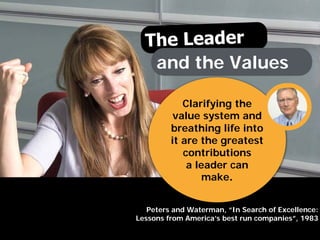 Clarifying the
value system and
breathing life into
it are the greatest
contributions
a leader can
make.
Peters and Waterman, “In Search of Excellence:
Lessons from America’s best run companies”, 1983
and the Values
 