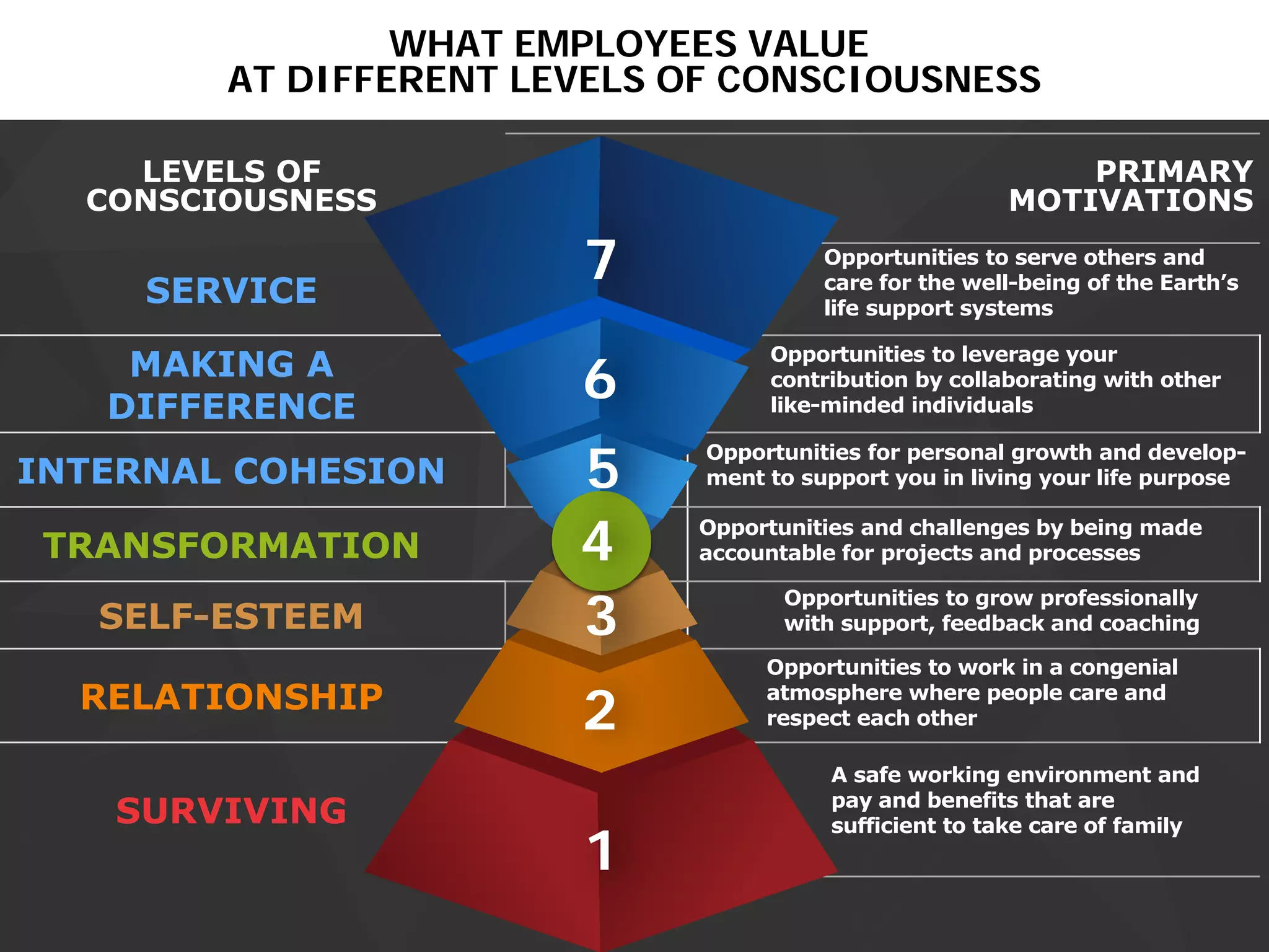 LEVELS OF
CONSCIOUSNESS
PRIMARY
MOTIVATIONS
SERVICE
MAKING A
DIFFERENCE
INTERNAL COHESION
TRANSFORMATION
SELF-ESTEEM
RELATIONSHIP
SURVIVING
7
6
5
4
3
2
1
WHAT EMPLOYEES VALUE
AT DIFFERENT LEVELS OF CONSCIOUSNESS
A safe working environment and
pay and benefits that are
sufficient to take care of family
Opportunities to work in a congenial
atmosphere where people care and
respect each other
Opportunities to grow professionally
with support, feedback and coaching
Opportunities and challenges by being made
accountable for projects and processes
Opportunities for personal growth and develop-
ment to support you in living your life purpose
Opportunities to leverage your
contribution by collaborating with other
like-minded individuals
Opportunities to serve others and
care for the well-being of the Earth’s
life support systems
 