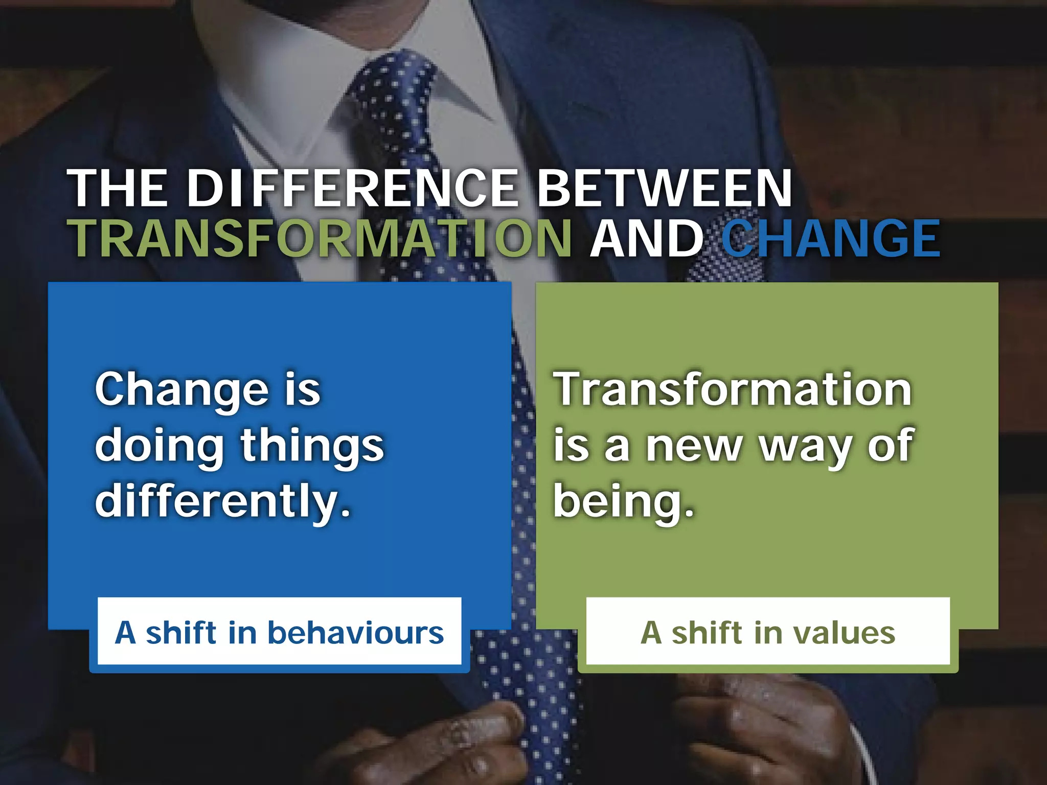 Discover what truly matters.
www.valuescentre.com
Change is
doing things
differently.
A shift in behaviours
Transformation
is a new way of
being.
A shift in values
THE DIFFERENCE BETWEEN
TRANSFORMATION AND CHANGE
 