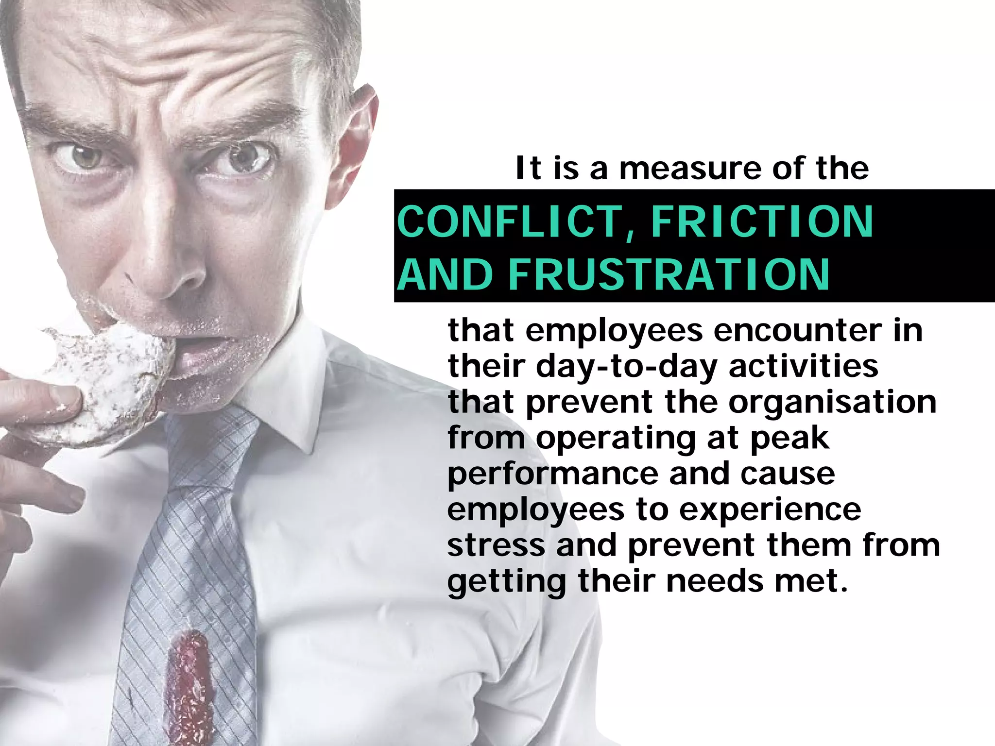 that employees encounter in
their day-to-day activities
that prevent the organisation
from operating at peak
performance and cause
employees to experience
stress and prevent them from
getting their needs met.
It is a measure of the
CONFLICT, FRICTION
AND FRUSTRATION
 