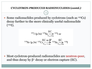 CYCLOTRON-PRODUCED RADIONUCLIDES (contd.)
 Some radionuclides produced by cyclotrons (such as 123Cs)
decay further to the more clinically useful radionuclide
(123I).
 Most cyclotron-produced radionuclides are neutron-poor,
and thus decay by β+ decay or electron capture (EC).
25
 