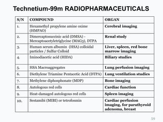 Technetium-99m RADIOPHARMACEUTICALS
59
S/N COMPOUND ORGAN
1. Hexamethyl propylene amine oxime
(HMPAO)
Cerebral imaging
2. Dimercaptosuccinic acid (DMSA) -
Mercaptoacetyletriglycine (MAG3), DTPA
Renal study
3. Human serum albumin (HSA) colloidal
particles / Sulfur Colloid
Liver, spleen, red bone
marrow imaging
4. Iminodiacetic acid (HIDA) Biliary studies
5. HSA Macroaggregates Lung perfusion imaging
6. Diethylene Triamine Pentacetic Acid (DTPA) Lung ventilation studies
7. Methylene diphosphonate (MDP) Bone imaging
8. Autologous red cells Cardiac function
9. Heat-damaged autologous red cells Spleen imaging
10. Sestamibi (MIBI) or tetrofosmin Cardiac perfusion
imaging, for parathyroid
adenoma, breast
 