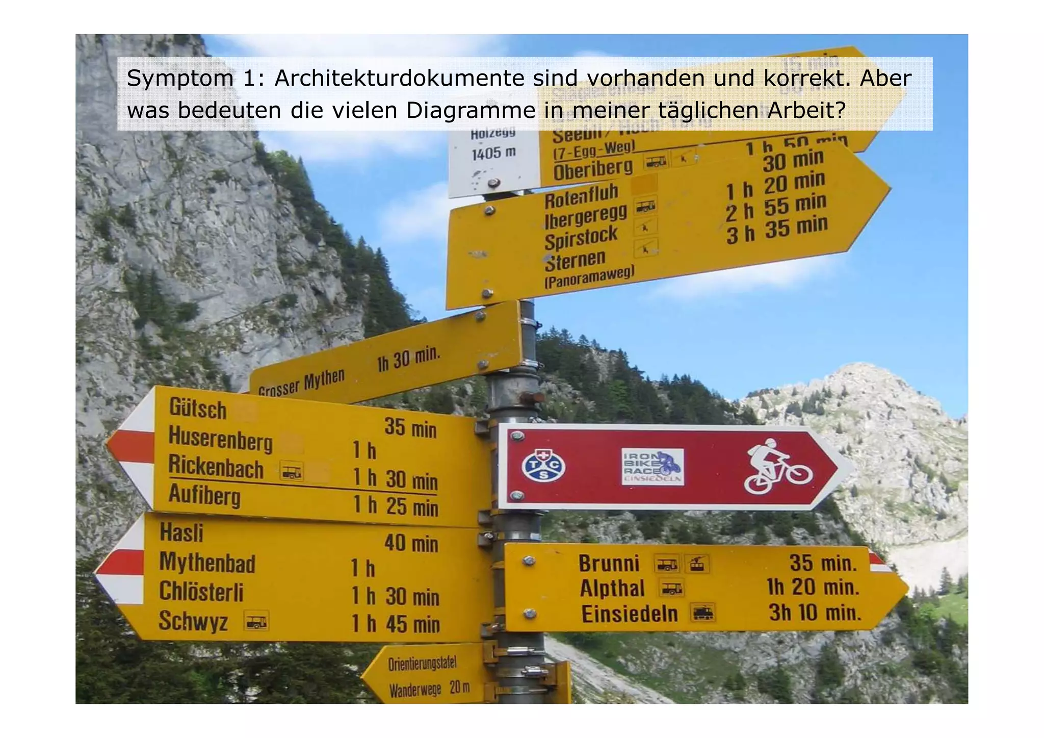 Symptom 1: Architekturdokumente sind vorhanden und korrekt. Aber
was bedeuten die vielen Diagramme in meiner täglichen Arbeit?
 