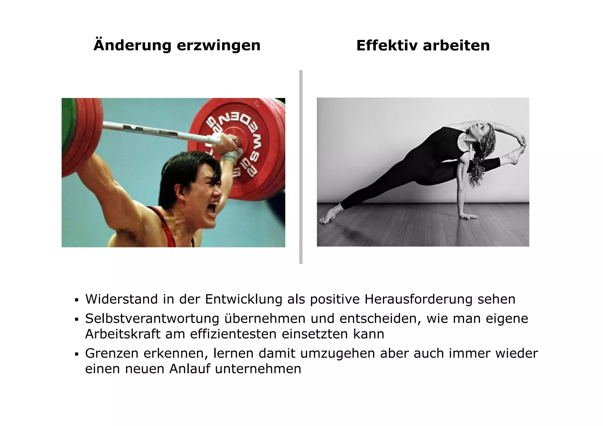 Änderung erzwingen                   Effektiv arbeiten




Widerstand in der Entwicklung als positive Herausforderung sehen
Selbstverantwortung übernehmen und entscheiden, wie man eigene
Arbeitskraft am effizientesten einsetzten kann
Grenzen erkennen, lernen damit umzugehen aber auch immer wieder
einen neuen Anlauf unternehmen
 