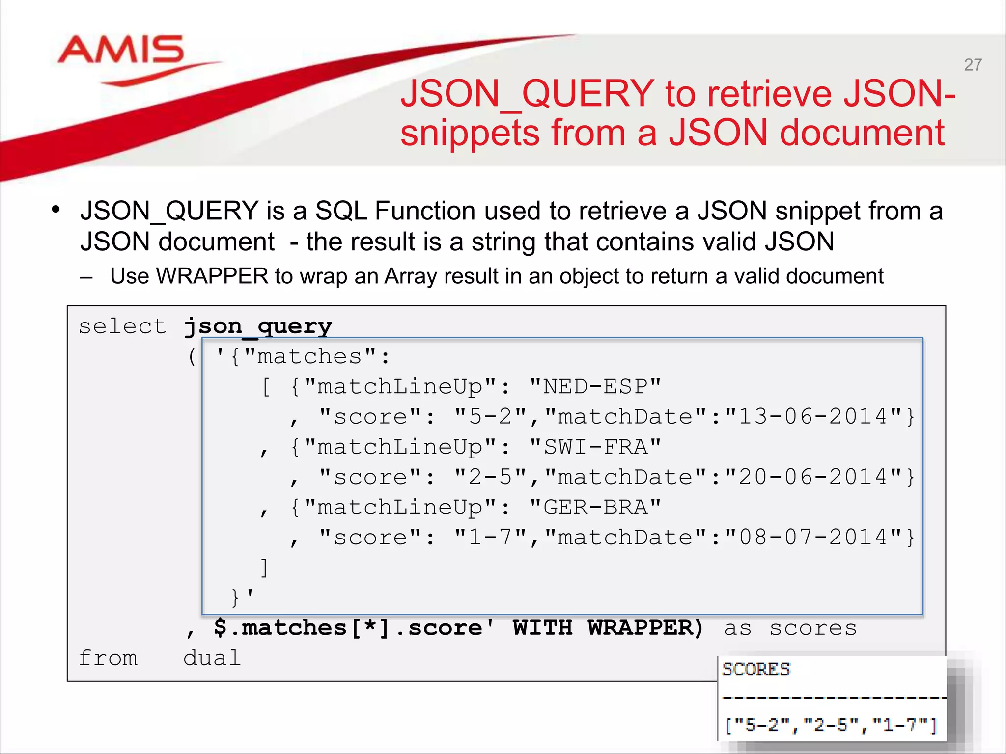 27 JSON_QUERY to retrieve JSON-snippets from a JSON document • JSON_QUERY is a SQL Function used to retrieve a JSON snippet from a JSON document - the result is a string that contains valid JSON – Use WRAPPER to wrap an Array result in an object to return a valid document select json_query ( '{"matches": [ {"matchLineUp": "NED-ESP" , "score": "5-2","matchDate":"13-06-2014"} , {"matchLineUp": "SWI-FRA" , "score": "2-5","matchDate":"20-06-2014"} , {"matchLineUp": "GER-BRA" , "score": "1-7","matchDate":"08-07-2014"} ] }' , $.matches[*].score' WITH WRAPPER) as scores from dual 