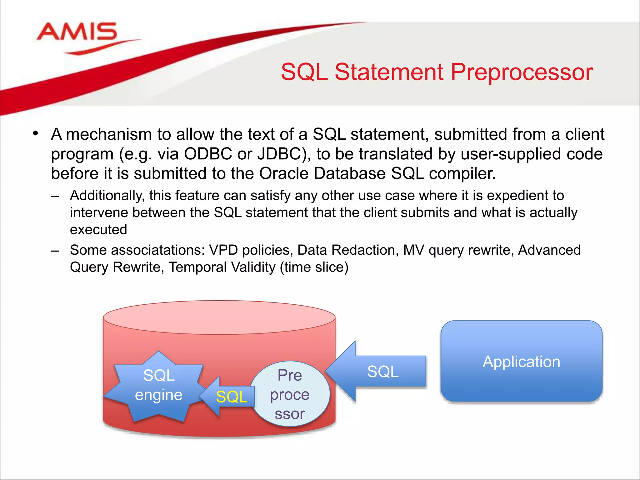 SQL Statement Preprocessor • A mechanism to allow the text of a SQL statement, submitted from a client program (e.g. via ODBC or JDBC), to be translated by user-supplied code before it is submitted to the Oracle Database SQL compiler. – Additionally, this feature can satisfy any other use case where it is expedient to intervene between the SQL statement that the client submits and what is actually executed – Some associatations: VPD policies, Data Redaction, MV query rewrite, Advanced Query Rewrite, Temporal Validity (time slice) Application Pre SQL proce ssor SQL engine SQL 
