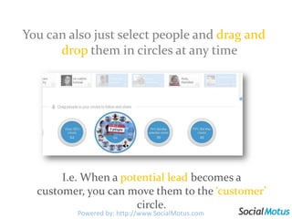 You can also just select people and drag and dropthem in circles at any timeI.e. When a potential lead becomes a customer, you can move them to the ‘customer’ circle.Powered by: http://www.SocialMotus.com