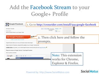Add the  Facebook Stream  to your Google+ Profile 1. Go to  http://crossrider.com/install/519-google-facebook 2. Then click here and follow the prompts. Note:  This extension works for Chrome, Explorer & Firefox. Powered by: http://www.SocialMotus.com 