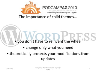 The importance of child themes...
• you don’t have to reinvent the wheel
• change only what you need
• theoretically protects your modiﬁcations from
updates
1/29/2015
Everything WordPress by Eric Myers @
PCAZ
15
 