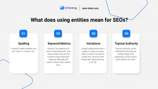 What does using entities mean for SEOs?
01 02
It doesn’t matter whether you
use “color” or “colour”, etc…
Spelling
Density; The repetition of
exact match keywords “buy
shoes online” all over the
content is less important.
Keyword diﬃculty and
search volume also matter
less.
Keyword Metrics
Google understands that a
puppy is a dog, so using
either or both in content is
totally ﬁne. Same as with
things like “robert downey
jr” & “rdj”
Variations
sara-taher.com
04
03
Topical Authority
Topical Authority can be
achieved by focusing on
entities rather than
keywords, as One cannot
exist without the other.
 