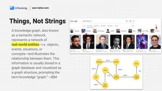 Things, Not Strings
sara-taher.com
A knowledge graph, also known
as a semantic network,
represents a network of
real-world entities—i.e. objects,
events, situations, or
concepts—and illustrates the
relationship between them. This
information is usually stored in a
graph database and visualized as
a graph structure, prompting the
term knowledge “graph.” ~IBM
 
