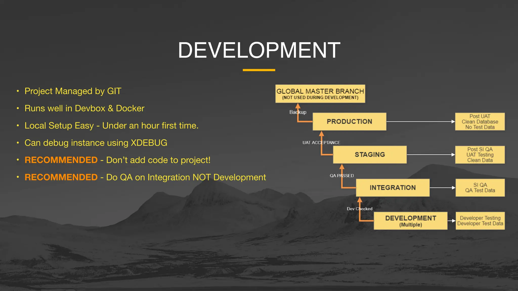 DEVELOPMENT
• Project Managed by GIT
• Runs well in Devbox & Docker
• Local Setup Easy - Under an hour first time.
• Can debug instance using XDEBUG
• RECOMMENDED - Don’t add code to project!
• RECOMMENDED - Do QA on Integration NOT Development
 
