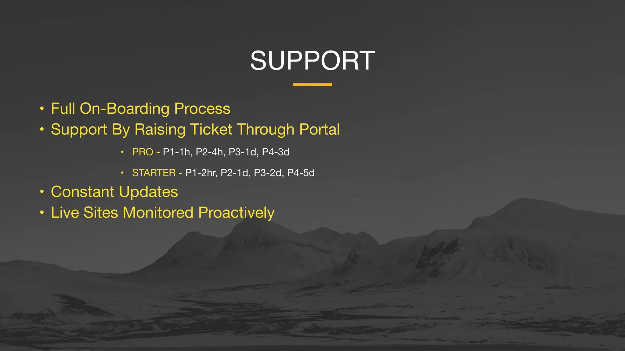 SUPPORT
• Full On-Boarding Process
• Support By Raising Ticket Through Portal
• PRO - P1-1h, P2-4h, P3-1d, P4-3d
• STARTER - P1-2hr, P2-1d, P3-2d, P4-5d
• Constant Updates
• Live Sites Monitored Proactively
 