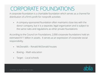 © COPYRIGHT ALL RIGHTS RESERVED 2013 ABILA
CORPORATE FOUNDATIONS
A corporate foundation is a charitable foundation which serves as a channel for
distribution of a firm’s profit for nonprofit activities
A company-sponsored foundation often maintains close ties with the
donor company, but it is a separate, legal organization and is subject to
the same rules and regulations as other private foundations
According to the Council on Foundations, 2,000 corporate foundations hold an
estimated $11 billion in assets. It serves as an expression of corporate social
responsibility.
McDonald’s – Ronald McDonald houses
Boeing – Math education
Target – Local schools
 