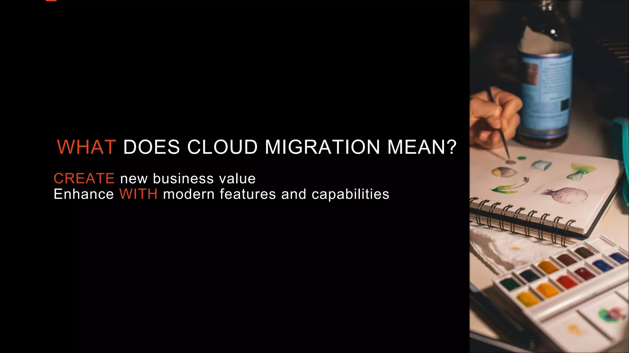 WHAT DOES CLOUD MIGRATION MEAN?
CREATE new business value
Enhance WITH modern features and capabilities
 
