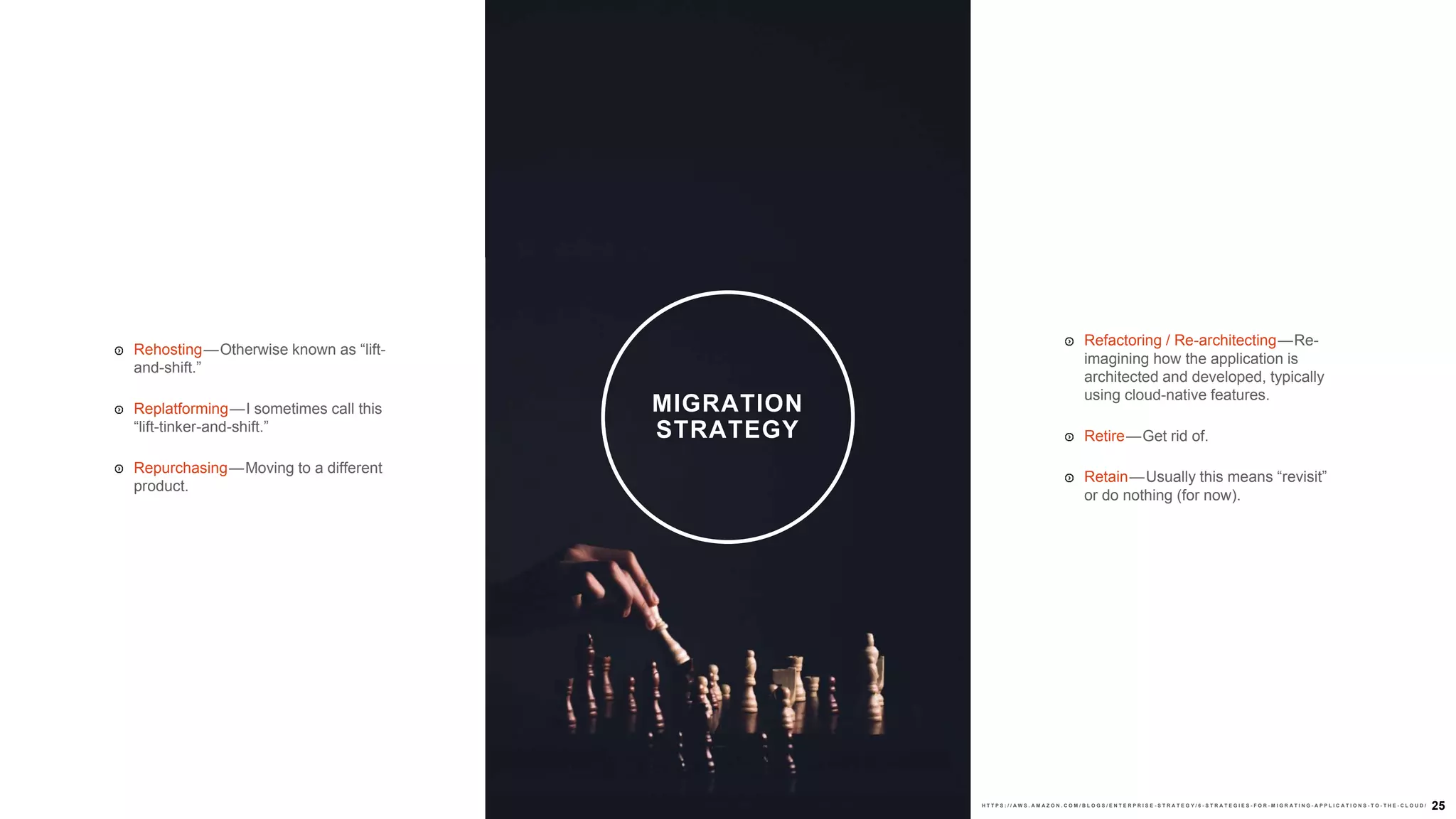 25
Rehosting— Otherwise known as “lift-
and-shift.”
Replatforming— I sometimes call this
“lift-tinker-and-shift.”
Repurchasing— Moving to a different
product.
MIGRATION
STRATEGY
Refactoring / Re-architecting — Re-
imagining how the application is
architected and developed, typically
using cloud-native features.
Retire— Get rid of.
Retain— Usually this means “revisit”
or do nothing (for now).
H T T P S : / / A W S . A M A Z O N . C O M / B L O G S / E N T E R P R I S E - S T R A T E G Y / 6 - S T R A T E G I E S - F O R - M I G R A T I N G - A P P L I C A T I O N S - T O - T H E - C L O U D /
 