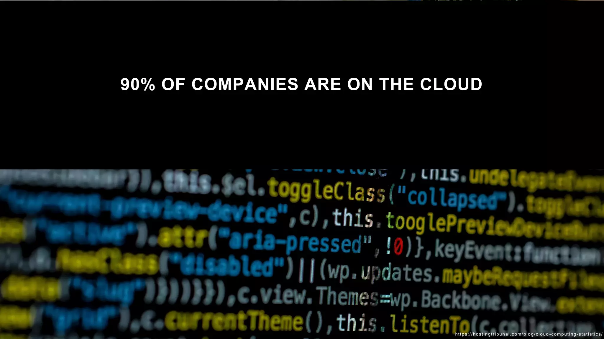 COST OPTIMIZATION IS THE PRIMARY REASON FOR 47% OF
ENTERPRISES’ CLOUD MIGRATION
90% OF COMPANIES ARE ON THE CLOUD
https://hostingtribunal.com/blog/cloud -computing-statistics/
 