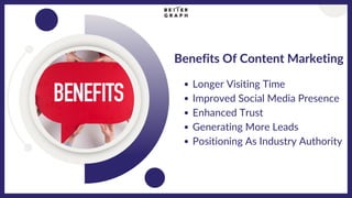 Benefits Of Content Marketing
Longer Visiting Time
Improved Social Media Presence
Enhanced Trust
Generating More Leads
Positioning As Industry Authority
 